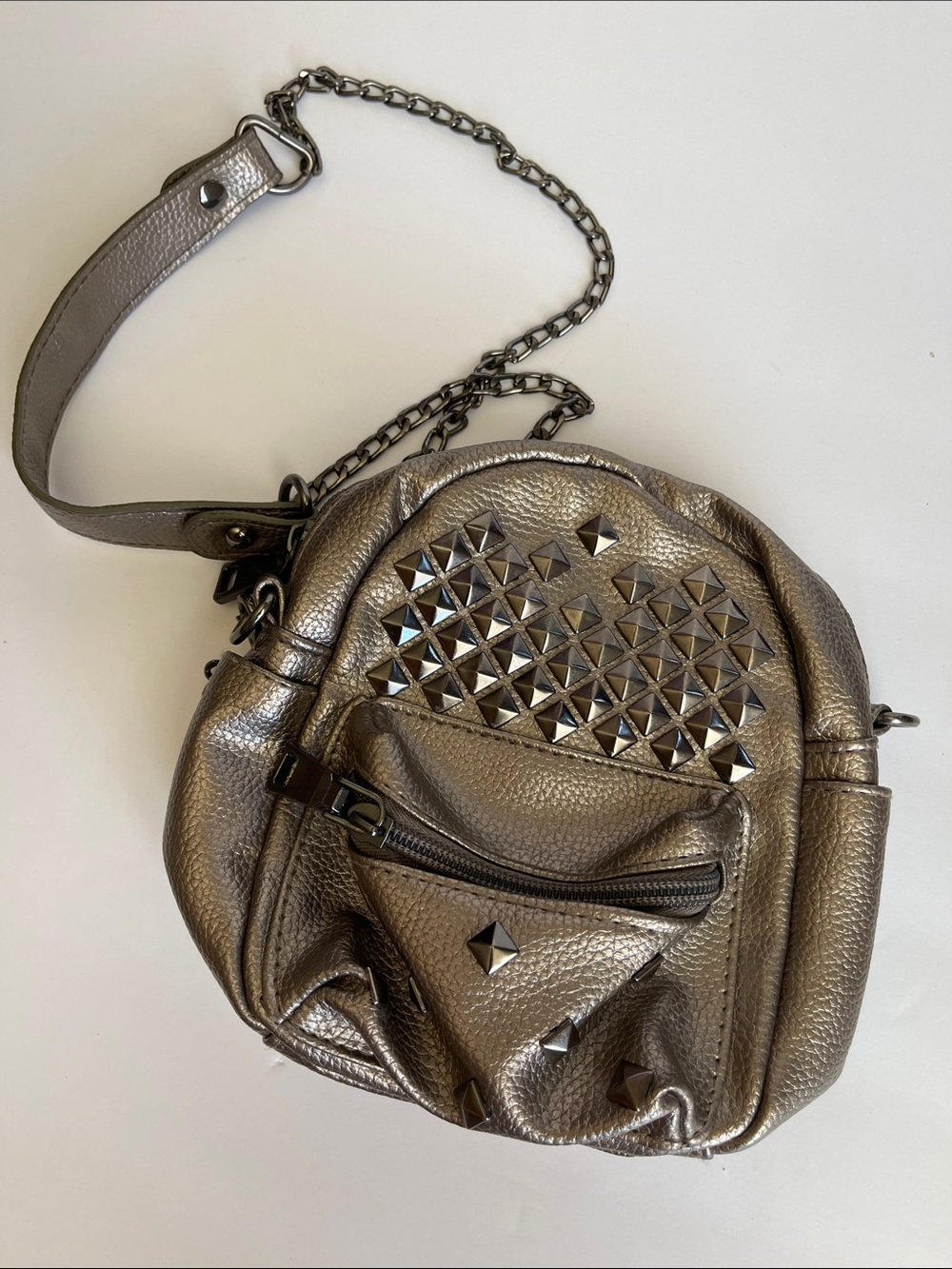 Olivia Miller metallic faux leather studded punk chain crossbody mini bag